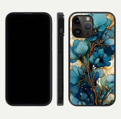 Golden Bloom Symphony Glass Case for iPhone 14 Pro Max front and back view layout highlighting rich floral tones and curved glass edges