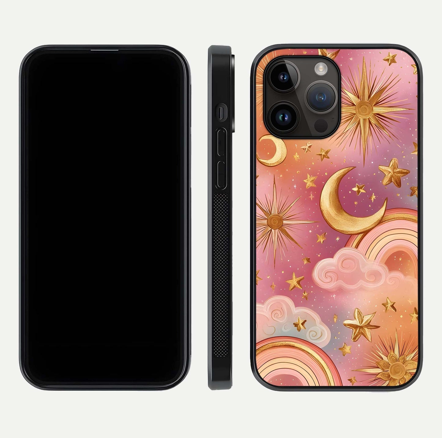 Golden Celestial Dreams Glass Case for iPhone 14 Pro Max front and back view layout highlighting celestial motifs and smooth curved edge