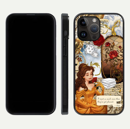 Golden Dream Belle Glass Case for iPhone 14 Pro Max front and back view layout displaying dreamy golden theme and smooth curvature