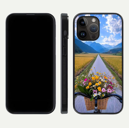 Golden Field Journey Glass Case for iPhone 14 Pro Max front and back view layout highlighting natural gradient and smooth glass finish