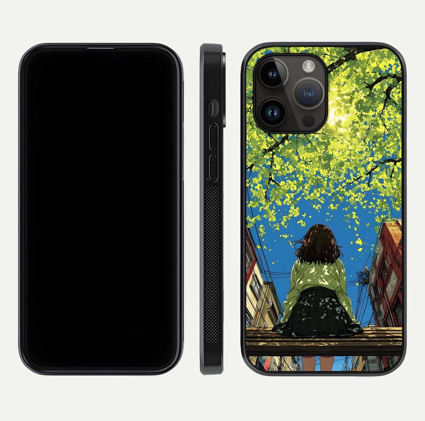 Golden Leaves Glow Glass Case for iPhone 14 Pro Max front and back view layout highlighting glowing tones and curved edges