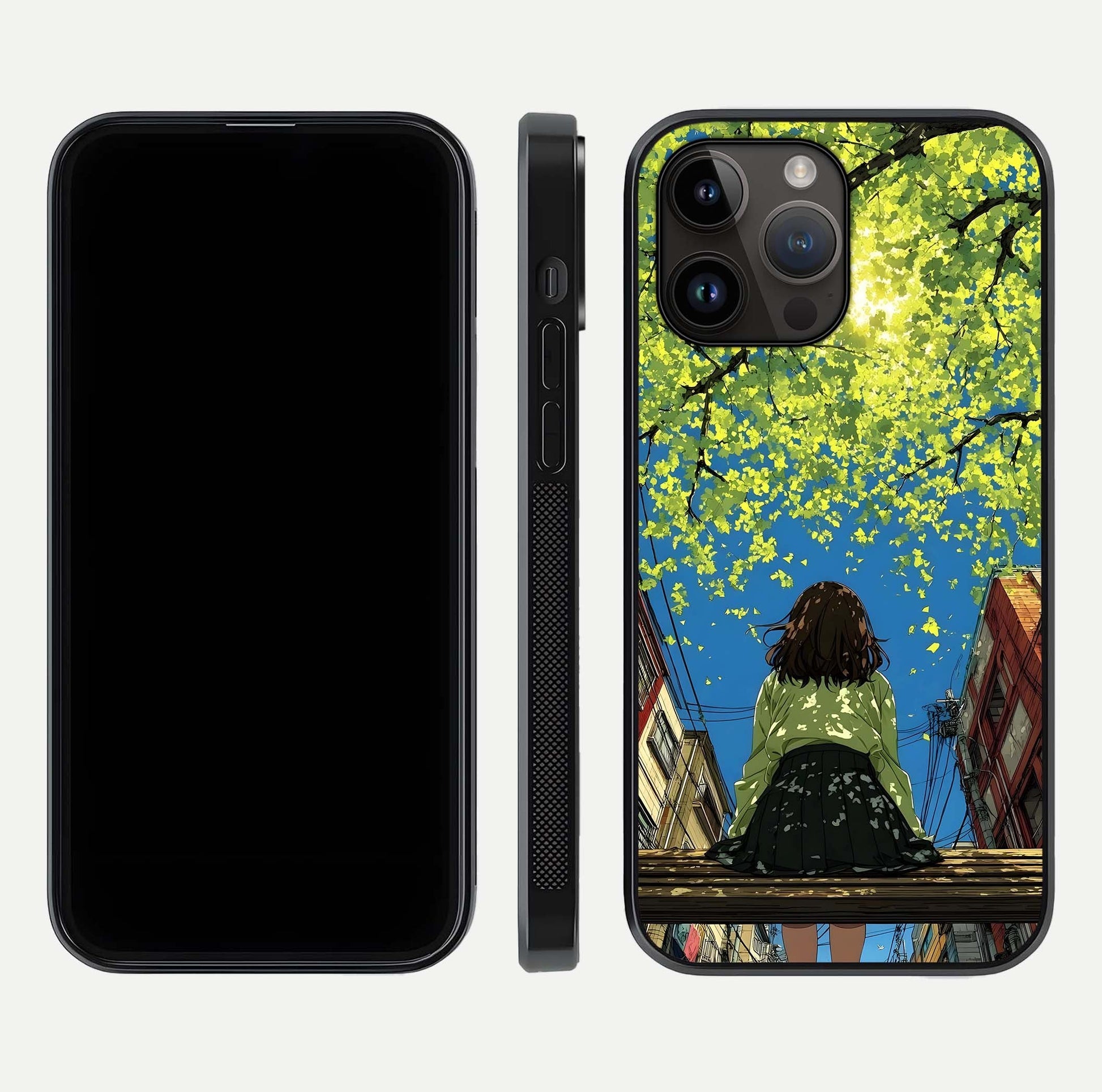 Golden Leaves Glow Glass Case for iPhone 14 Pro Max front and back view layout highlighting glowing tones and curved edges