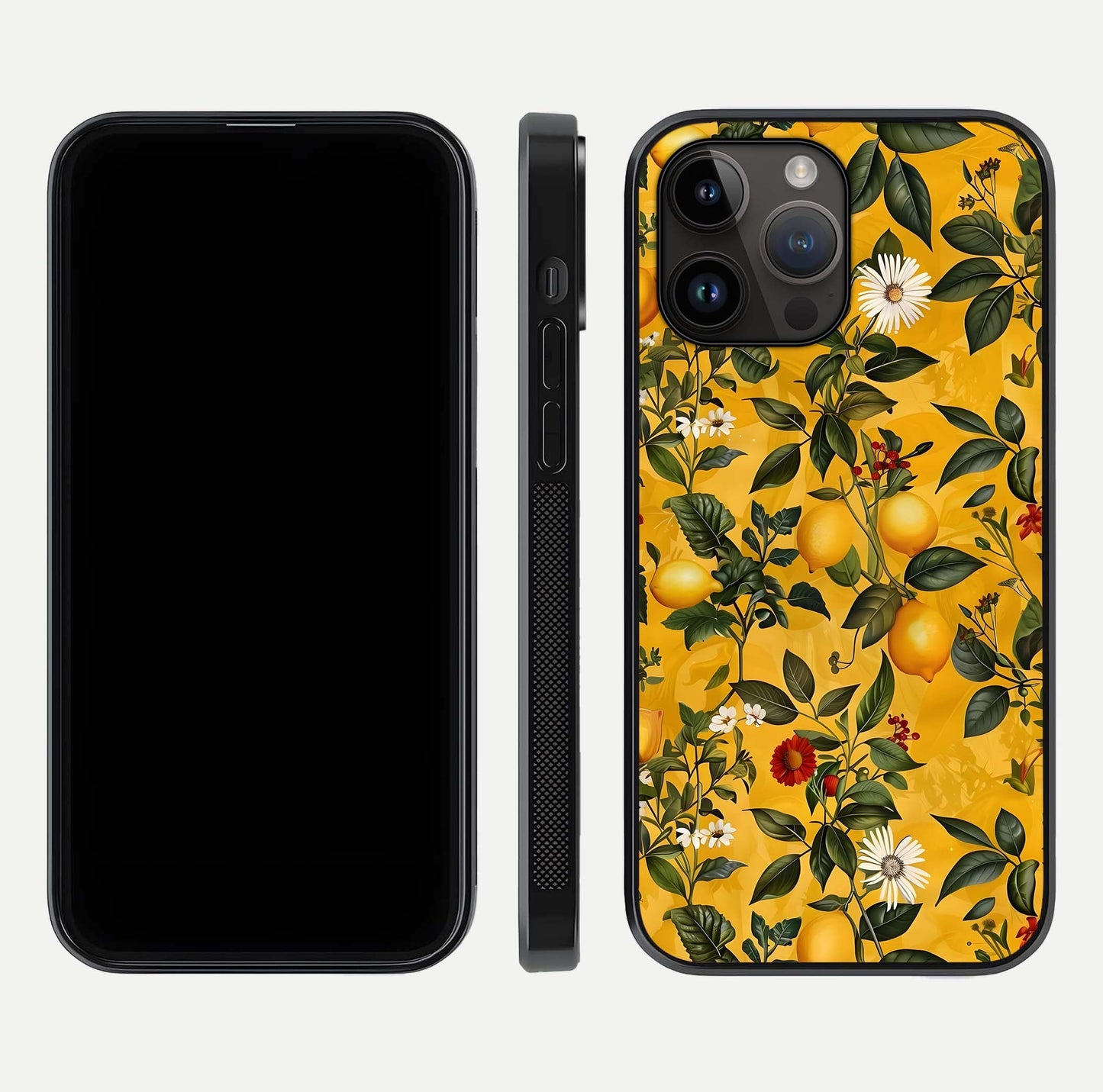 Golden Lemon Field Glass Case for iPhone 14 Pro Max front and back view layout highlighting fruity tones and curved glass edges