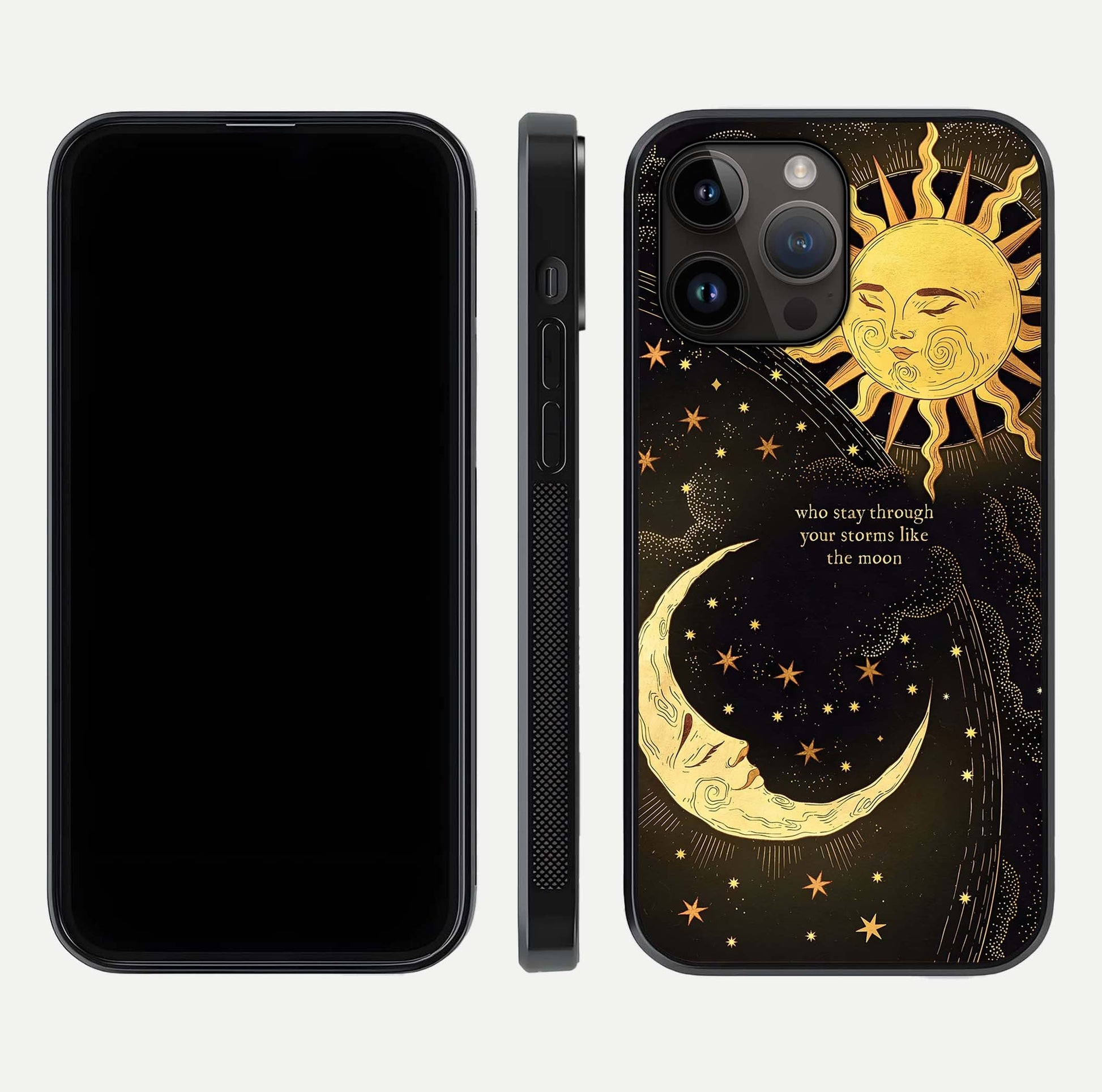 Golden Lunar Love Glass Case for iPhone 14 Pro Max front and back view layout highlighting celestial tones and curved edges