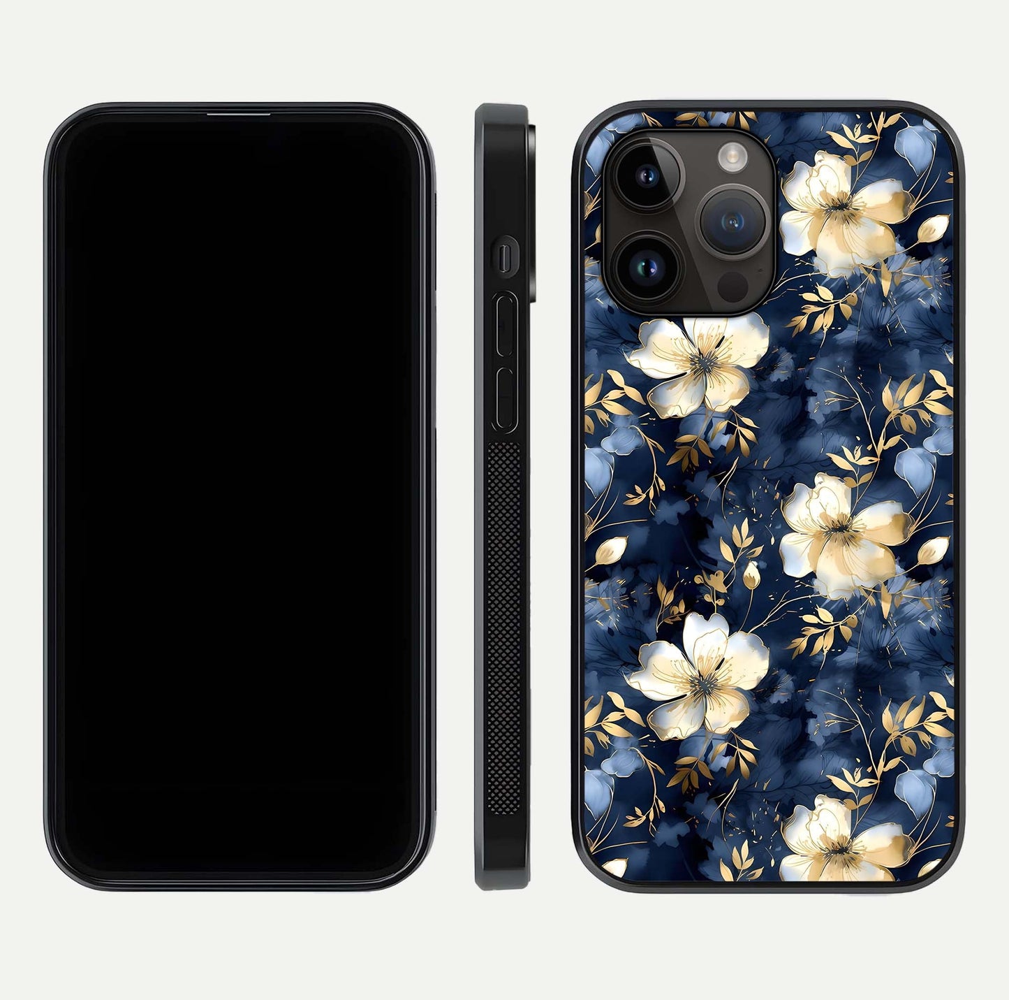 Golden Midnight Bloom Glass Case for iPhone 14 Pro Max front and back view layout highlighting dark-gold tones and smooth curves