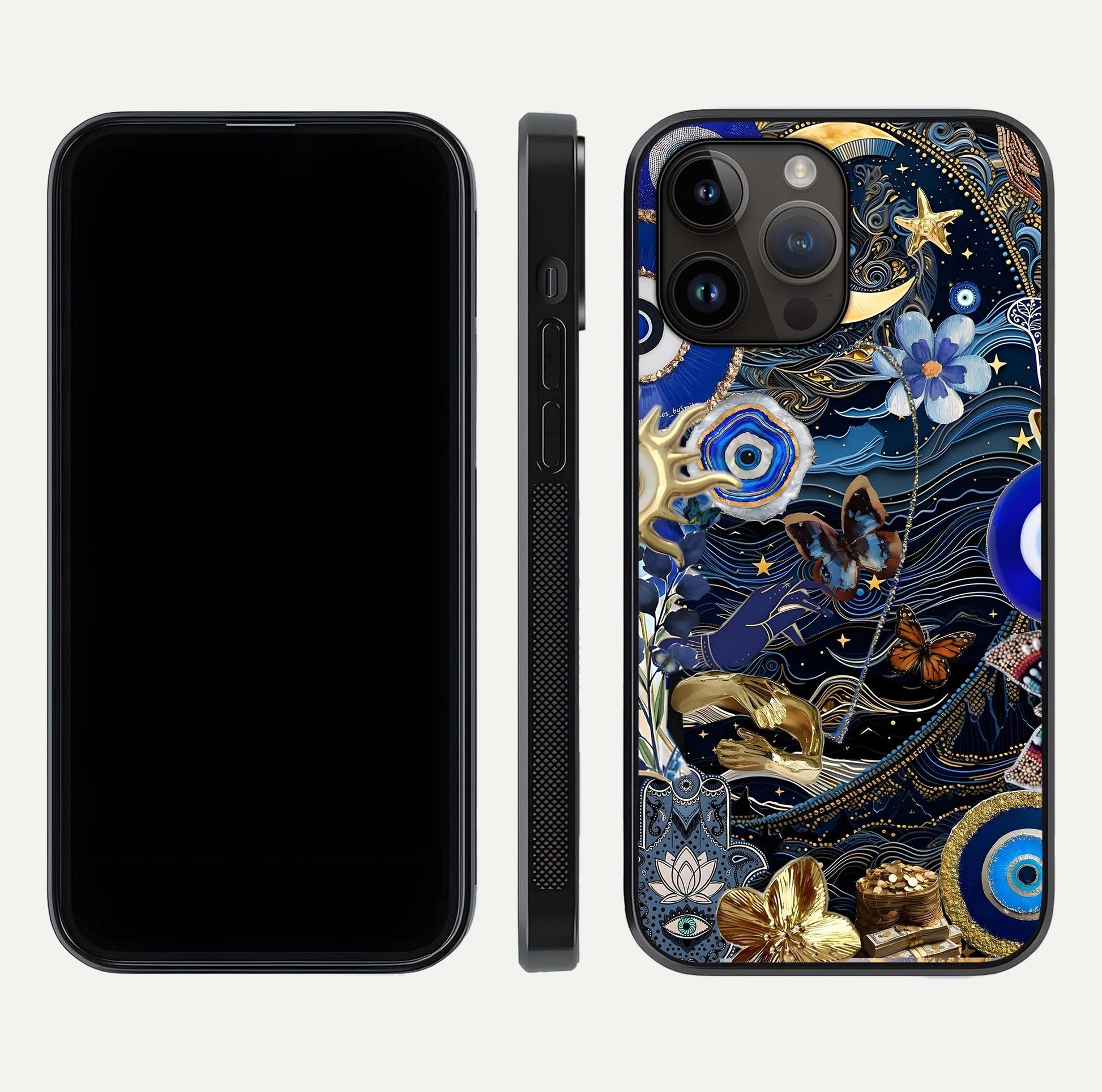 Golden Moon Magic Glass Case for iPhone 14 Pro Max front and back view layout highlighting celestial tones and curved glass