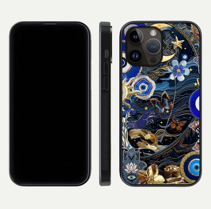 Golden Moon Magic Glass Case for iPhone 14 Pro Max front and back view layout highlighting celestial tones and curved glass