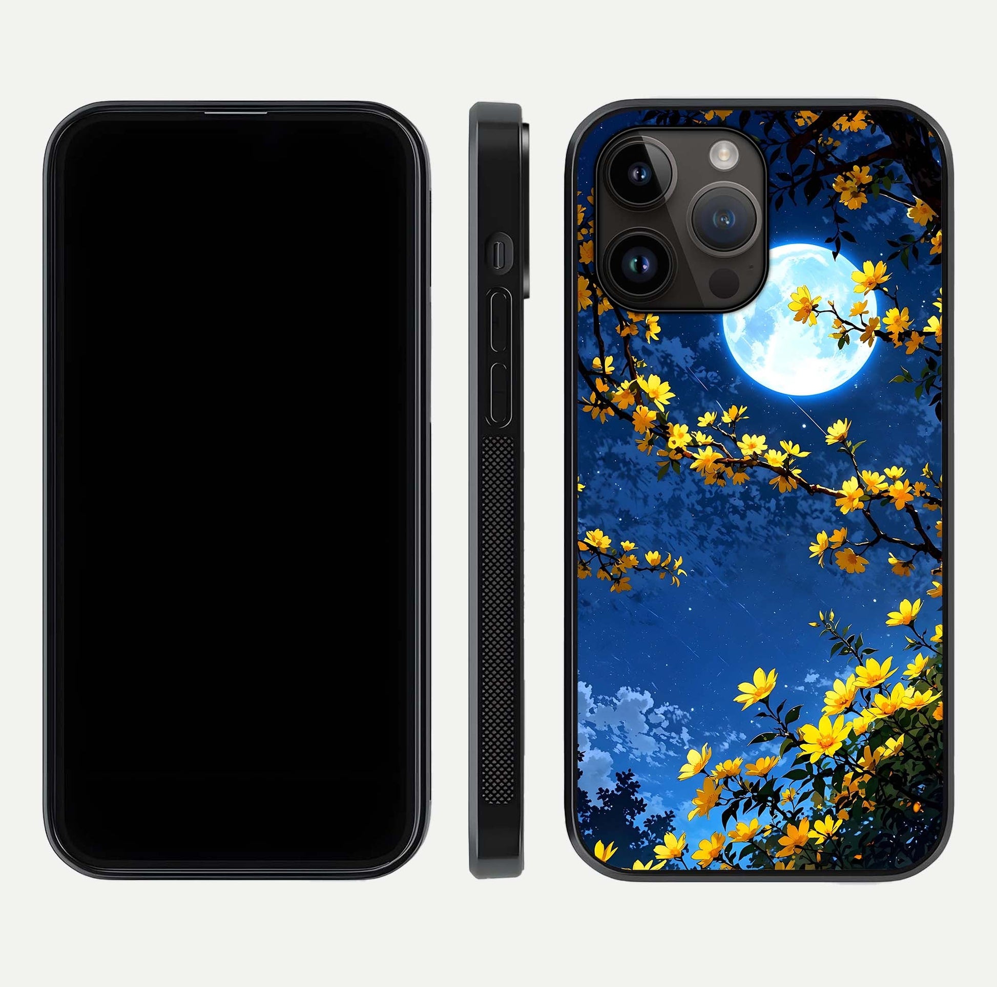 Golden Night Glow Glass Case for iPhone 14 Pro Max front and back view layout displaying metallic glow and curved glass edge
