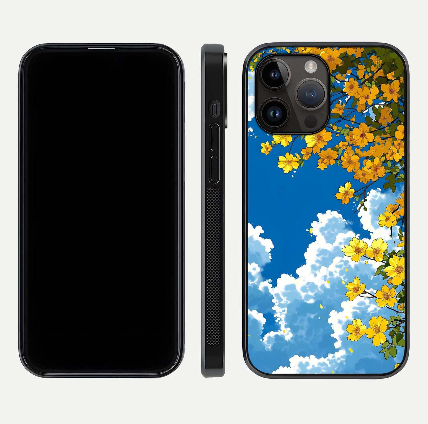 Golden Petal Sky Glass Case for iPhone 14 Pro Max front and back view layout highlighting floral pattern and curved glass edges