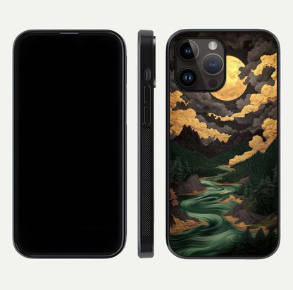 Golden River Moon Glass Case for iPhone 14 Pro Max front and back view layout displaying celestial glow and smooth curves