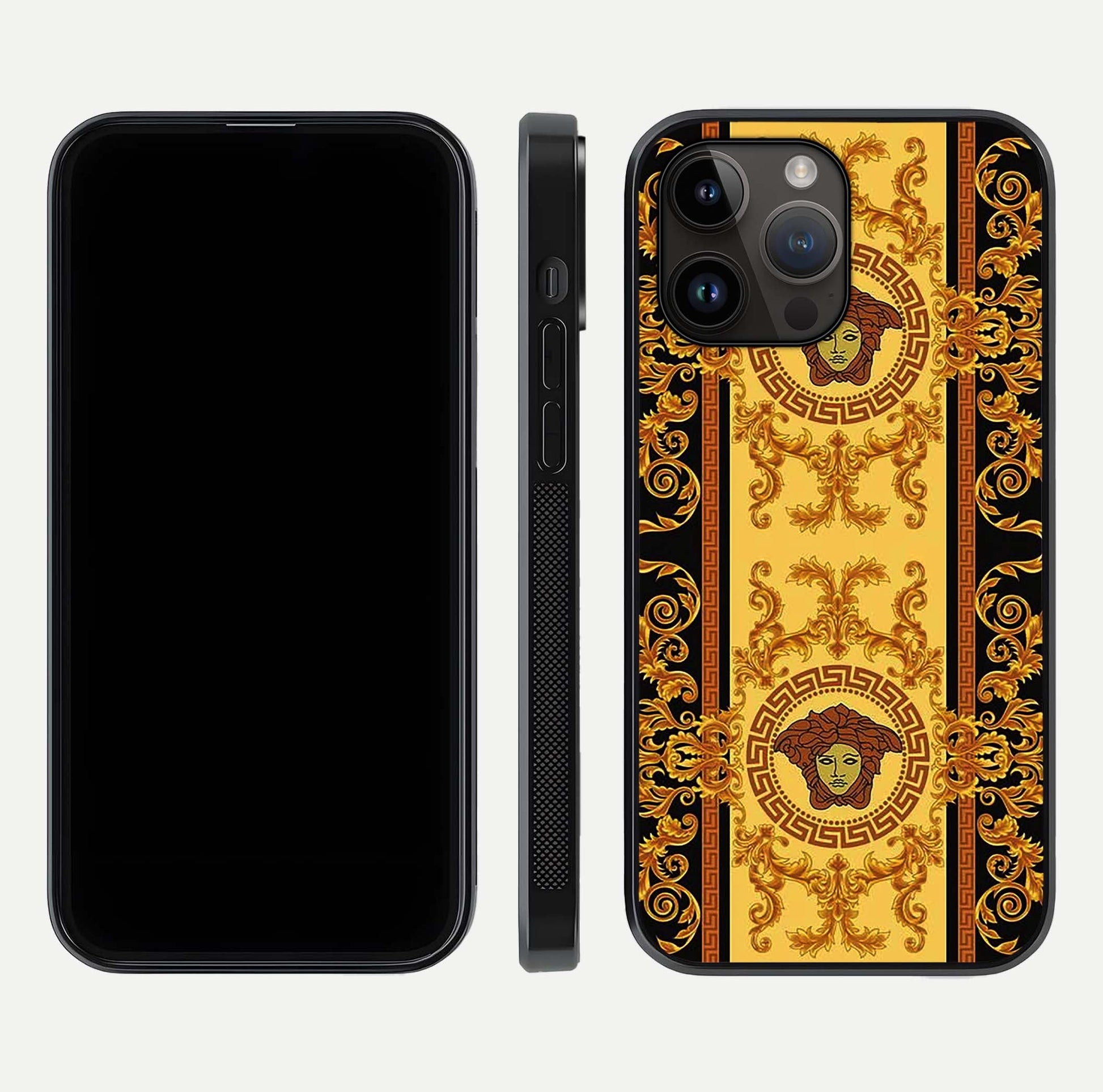 Golden Royal Heritage Glass Case for iPhone 14 Pro Max front and back view layout displaying ornate gold texture and curved edges