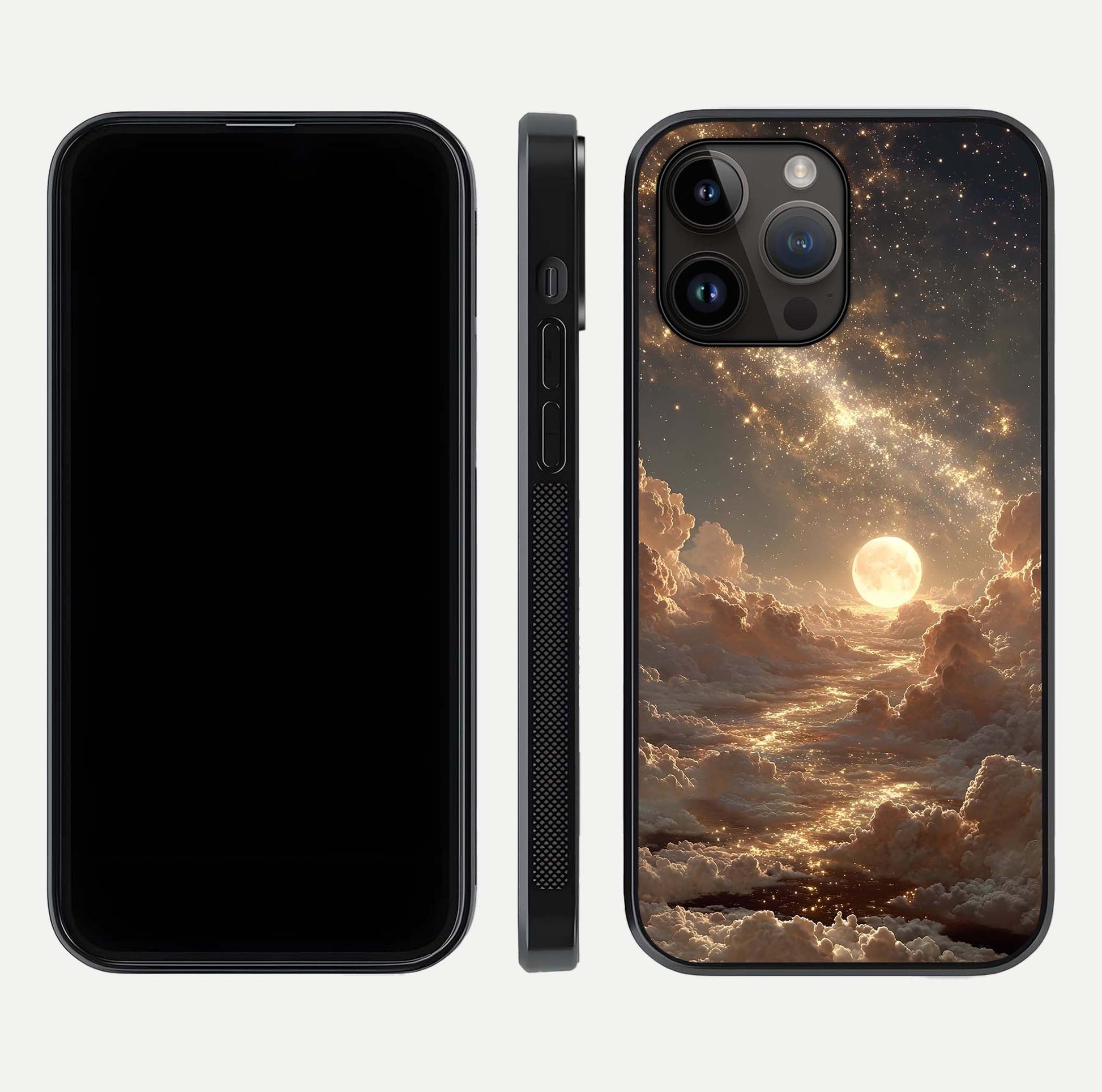 Golden Sky Dream Glass Case for iPhone 14 Pro Max front and back view layout highlighting celestial gold hues and curved glass