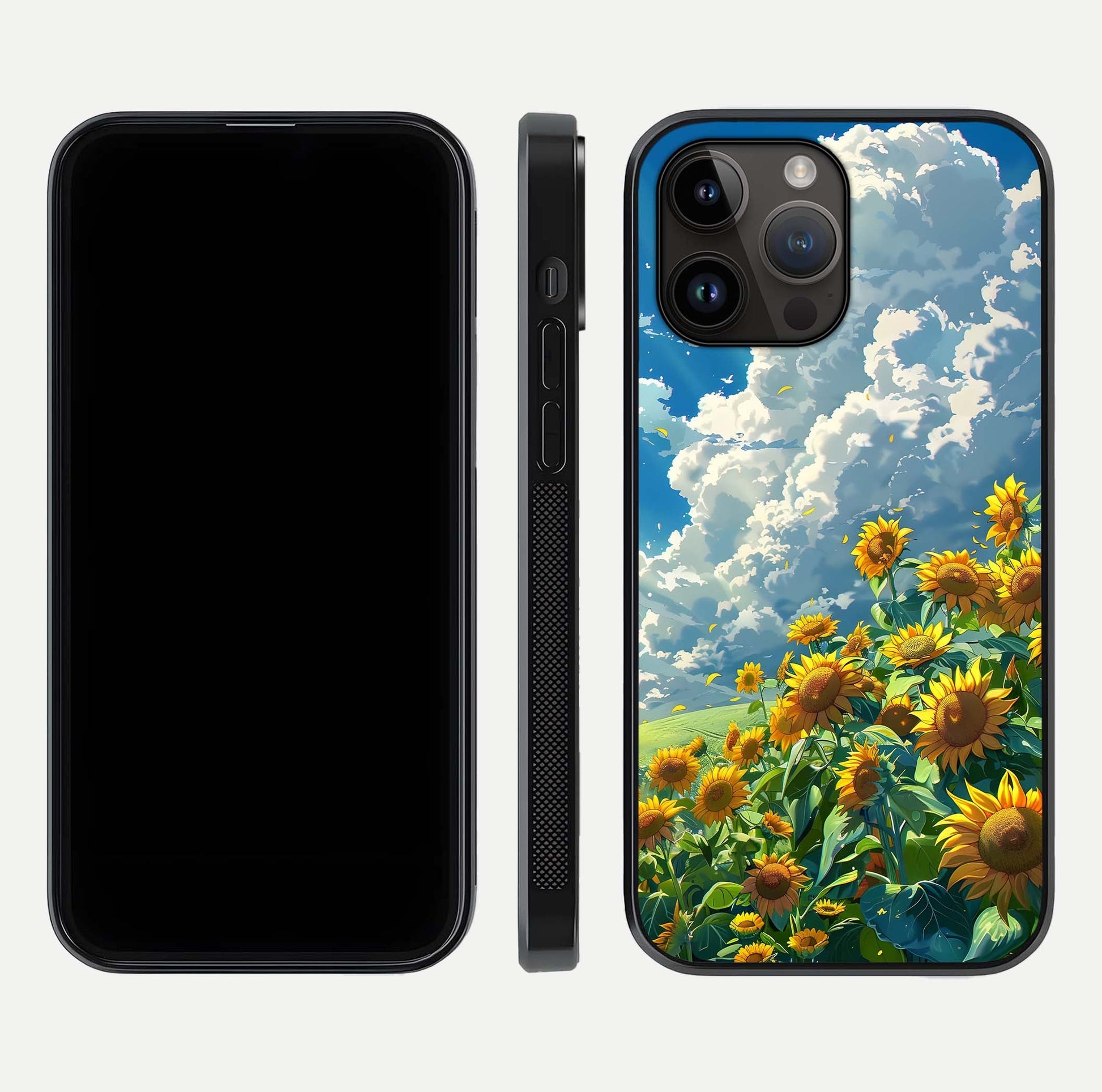 Golden Sun Glory Glass Case for iPhone 14 Pro Max front and back view layout displaying bright golden tones and curved edges