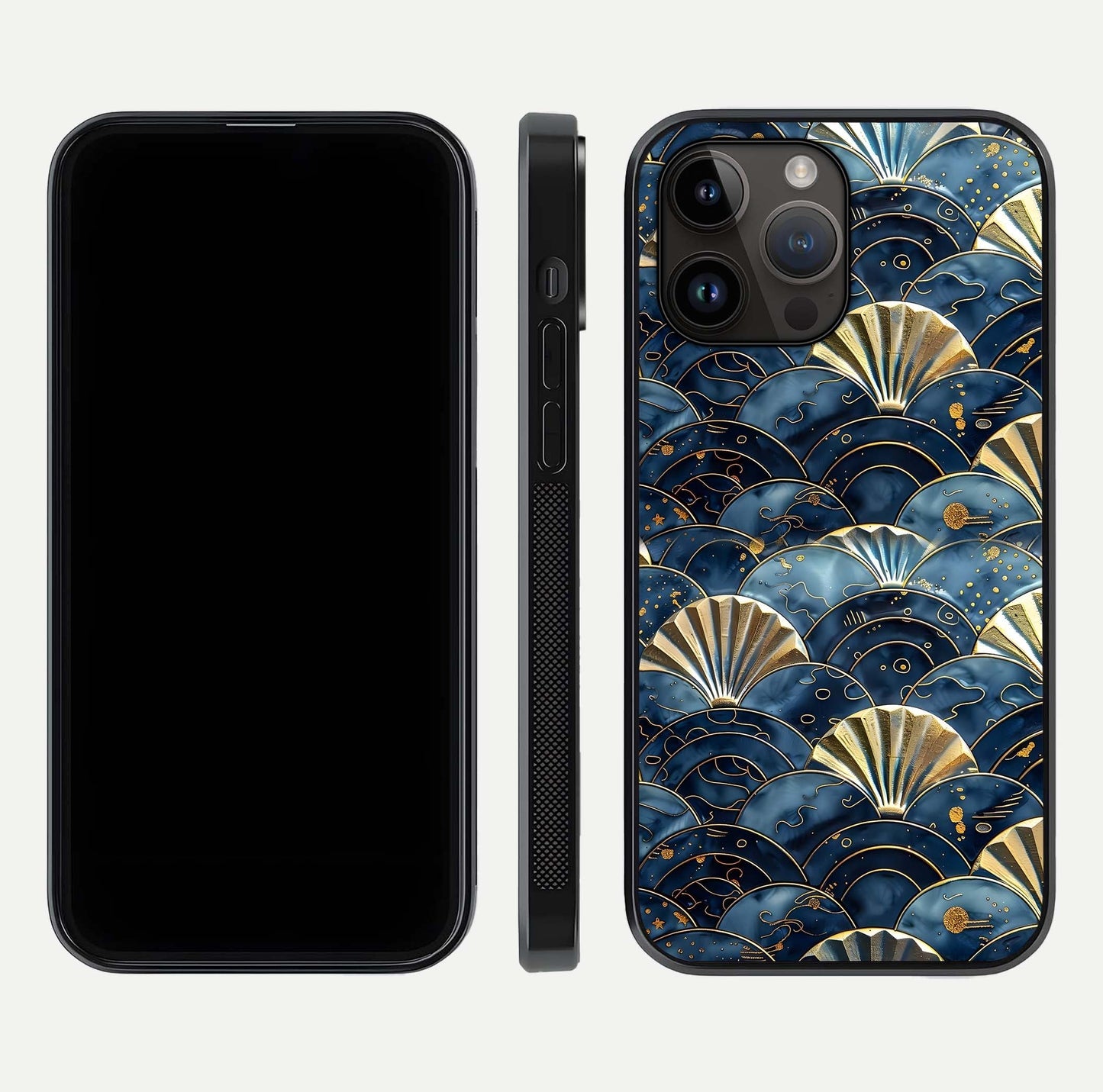 Golden Wave Luxe Glass Case for iPhone 14 Pro Max front and back view layout highlighting fluid gold design and curved glass