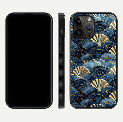 Golden Wave Luxe Glass Case for iPhone 14 Pro Max front and back view layout highlighting fluid gold design and curved glass