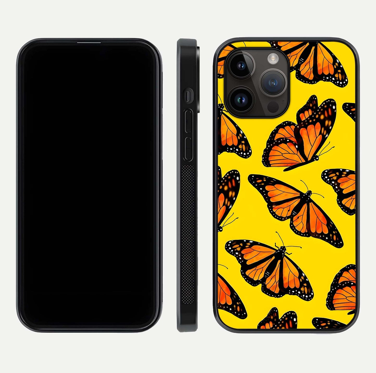 Golden Wing Flight Glass Case for iPhone 14 Pro Max front and back view layout highlighting graceful lines and curved glass