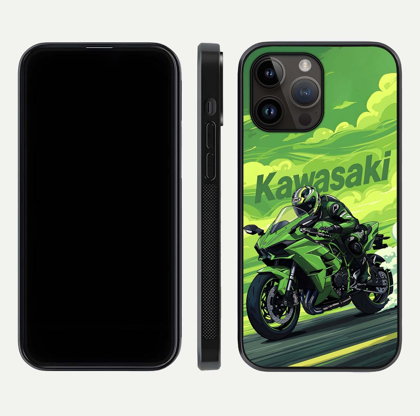 Green Kawasaki Glass Case for iPhone 14 Pro Max front and back view layout highlighting vivid green tones and curved glass edges