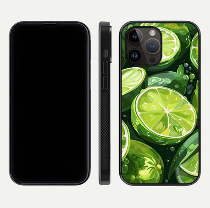 Green Lemon Glass Case for iPhone 14 Pro Max front and back view layout displaying vibrant yellow-green hues and smooth edges
