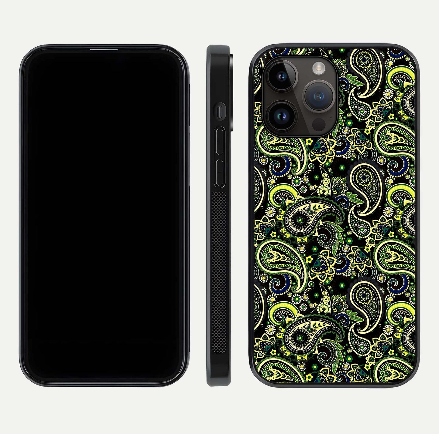 Green Mandala Pattern Glass Case for iPhone 14 Pro Max front and back view layout highlighting geometric art and curved glass