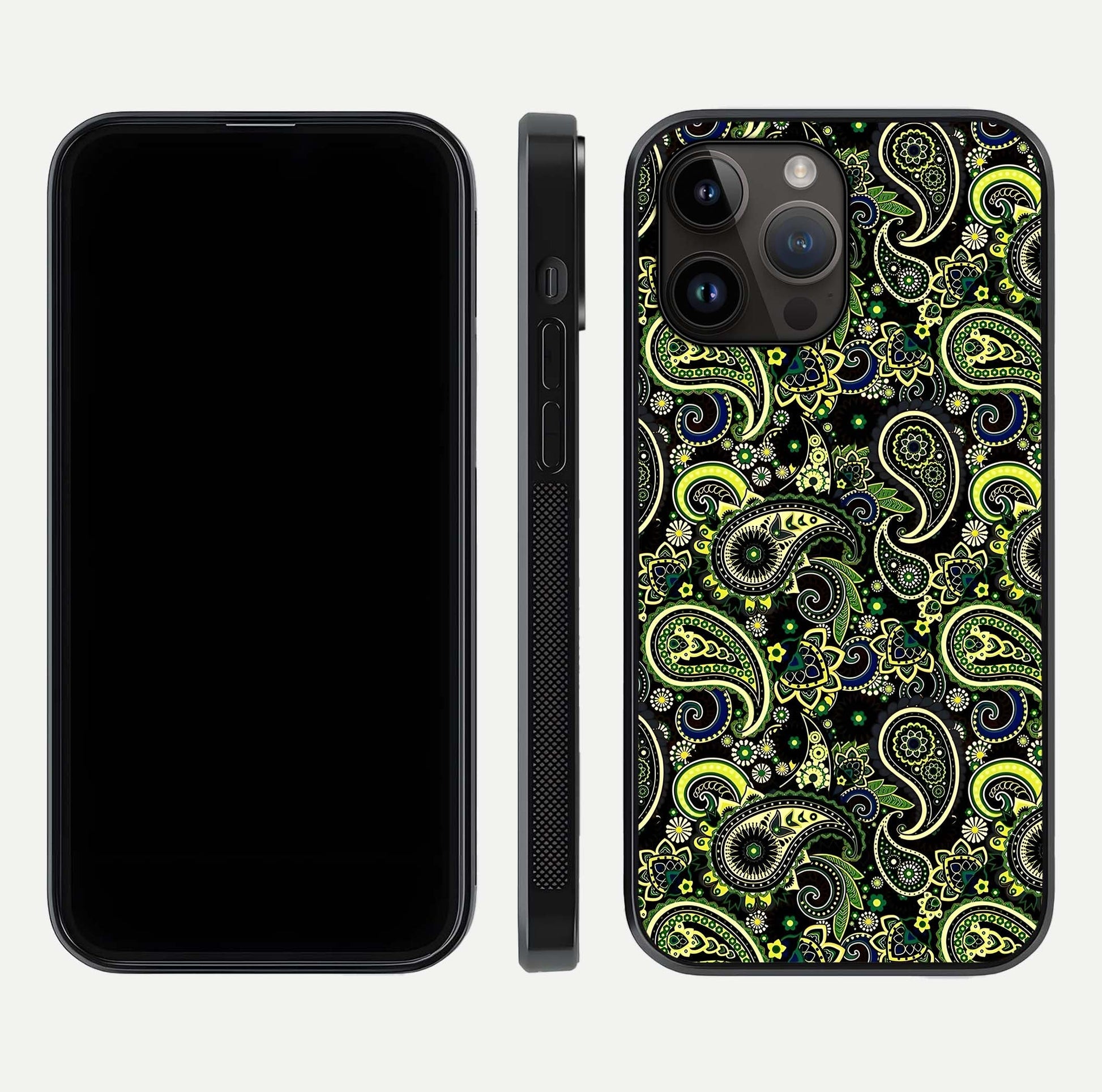 Green Mandala Pattern Glass Case for iPhone 14 Pro Max front and back view layout highlighting geometric art and curved glass