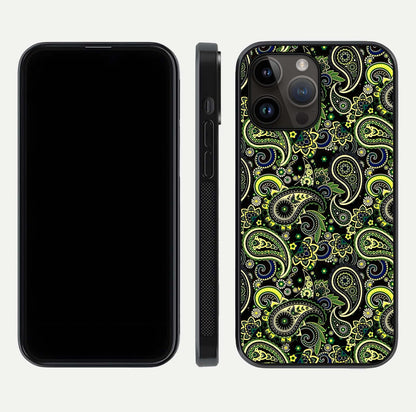 Green Mandala Pattern Glass Case for iPhone 14 Pro Max front and back view layout highlighting geometric art and curved glass
