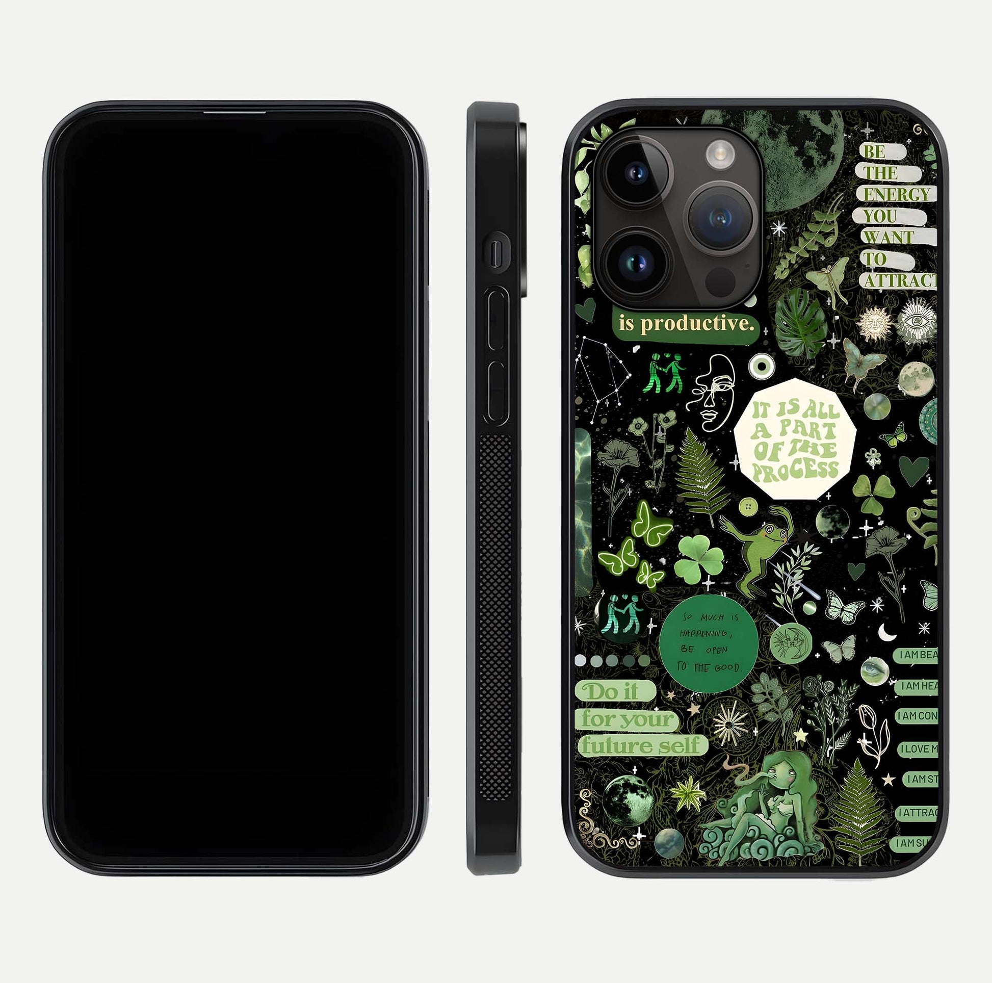 Green Moon Energy Glass Case for iPhone 14 Pro Max front and back view layout highlighting cosmic tones and smooth edges
