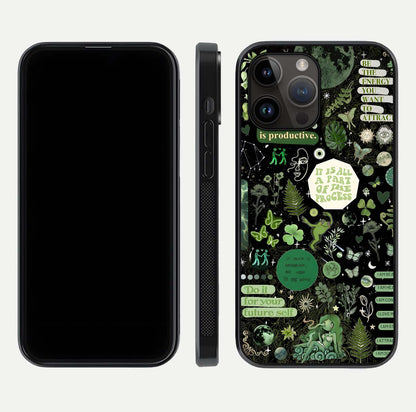 Green Moon Energy Glass Case for iPhone 14 Pro Max front and back view layout highlighting cosmic tones and smooth edges