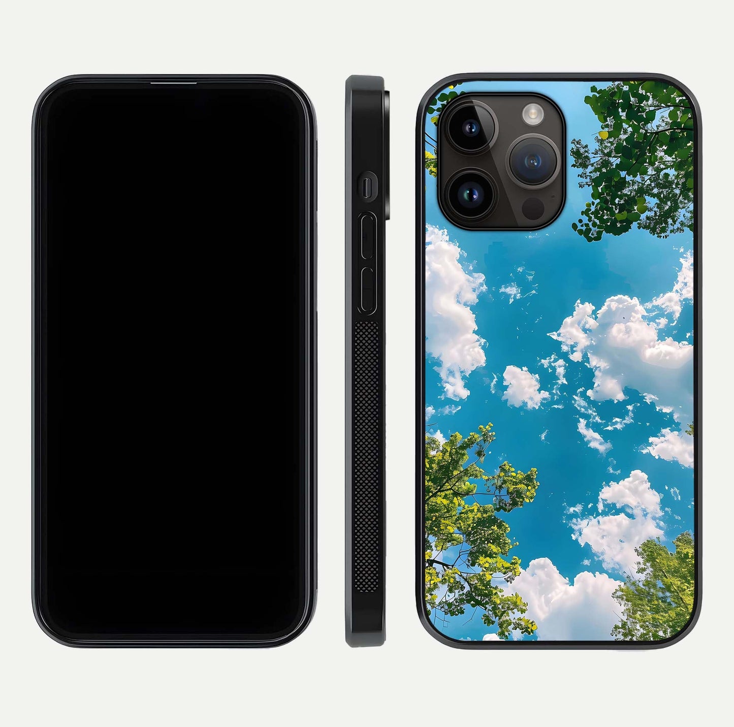 Greenery Sky Glass Case for iPhone 14 Pro Max front and back view layout displaying scenic green-blue gradient and curved edges