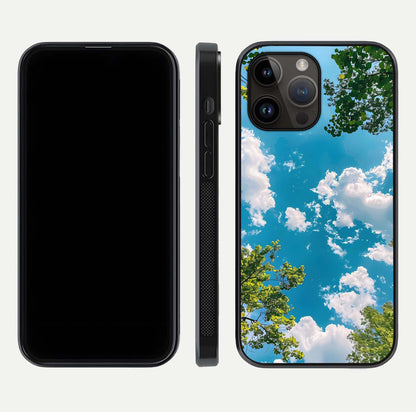 Greenery Sky Glass Case for iPhone 14 Pro Max front and back view layout displaying scenic green-blue gradient and curved edges