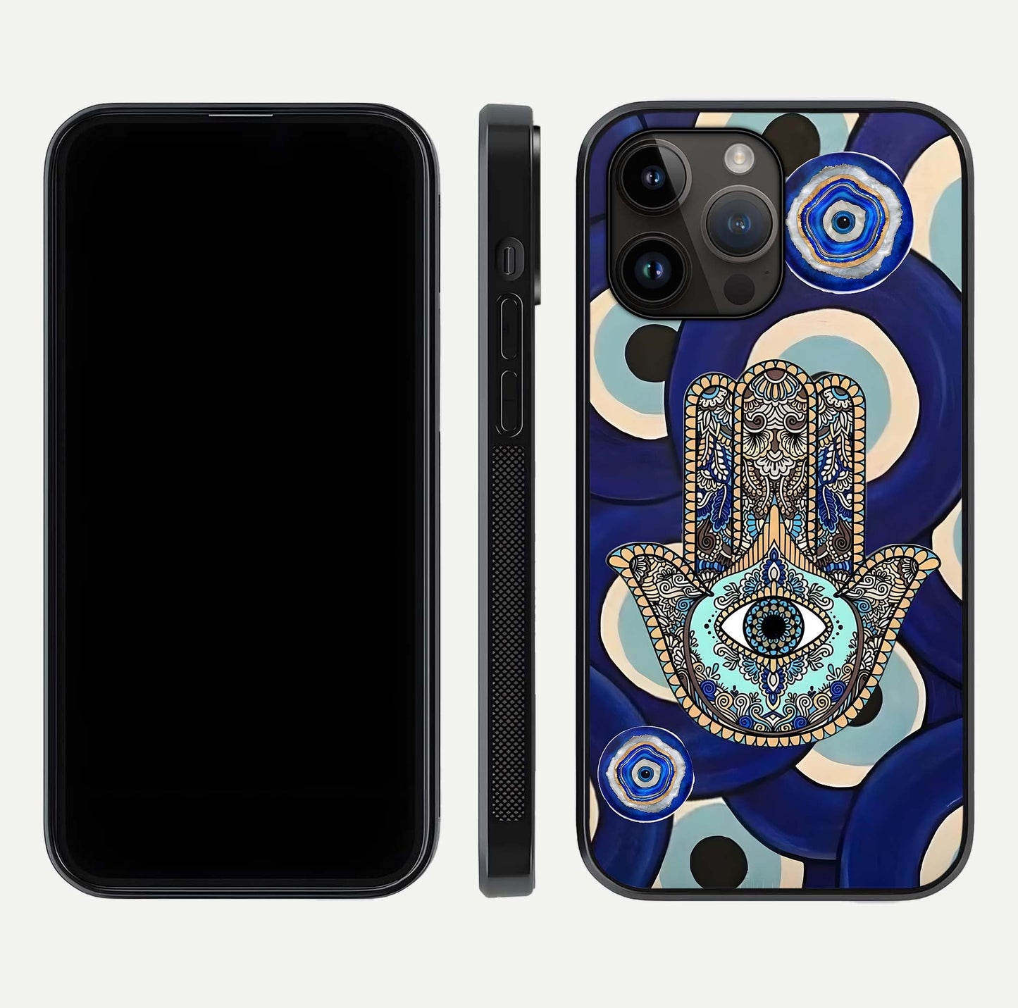 Hamsa Divine Guard Glass Case for iPhone 14 Pro Max front and back view layout highlighting spiritual artwork and smooth edges