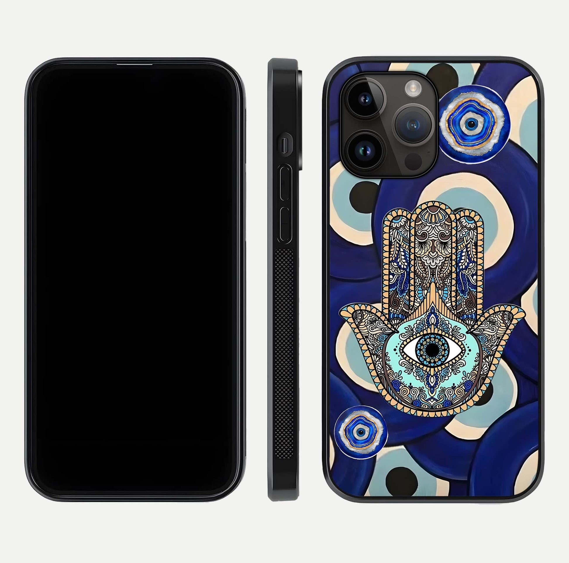 Hamsa Divine Guard Glass Case for iPhone 14 Pro Max front and back view layout highlighting spiritual artwork and smooth edges