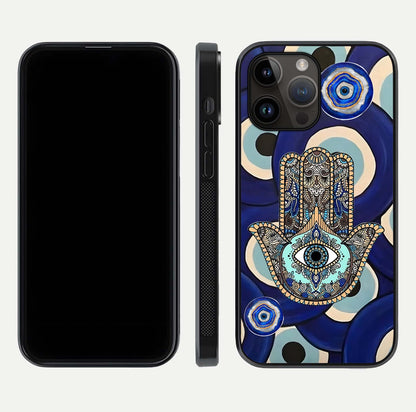 Hamsa Divine Guard Glass Case for iPhone 14 Pro Max front and back view layout highlighting spiritual artwork and smooth edges