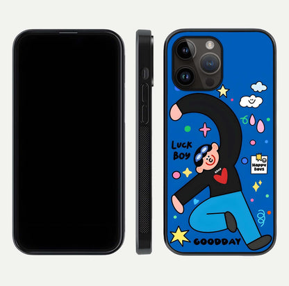 Happy Luck Vibe Glass Case for iPhone 14 Pro Max front and back view layout highlighting positive motif and curved edges