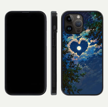 Heart with Moon Sky Glass Case for iPhone 14 Pro Max front and back view layout displaying celestial tones and curved glass