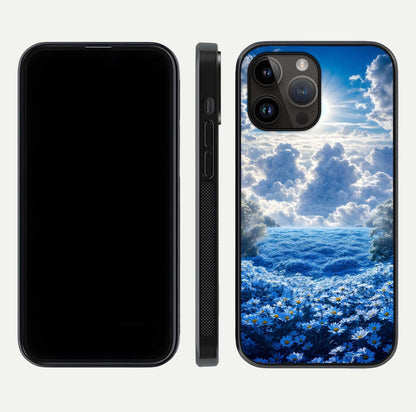 Heavenly Daisy Horizon Glass Case for iPhone 14 Pro Max front and back view layout highlighting floral field tones and curved edges