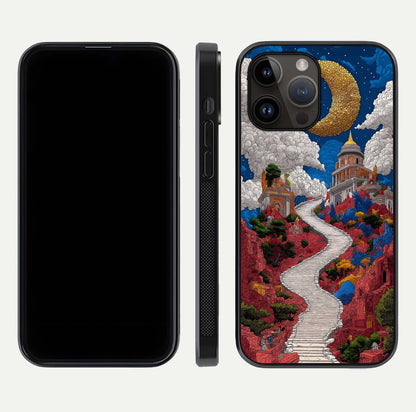 Heavenly Moon Path Glass Case for iPhone 14 Pro Max front and back view layout displaying night sky tones and curved glass edges