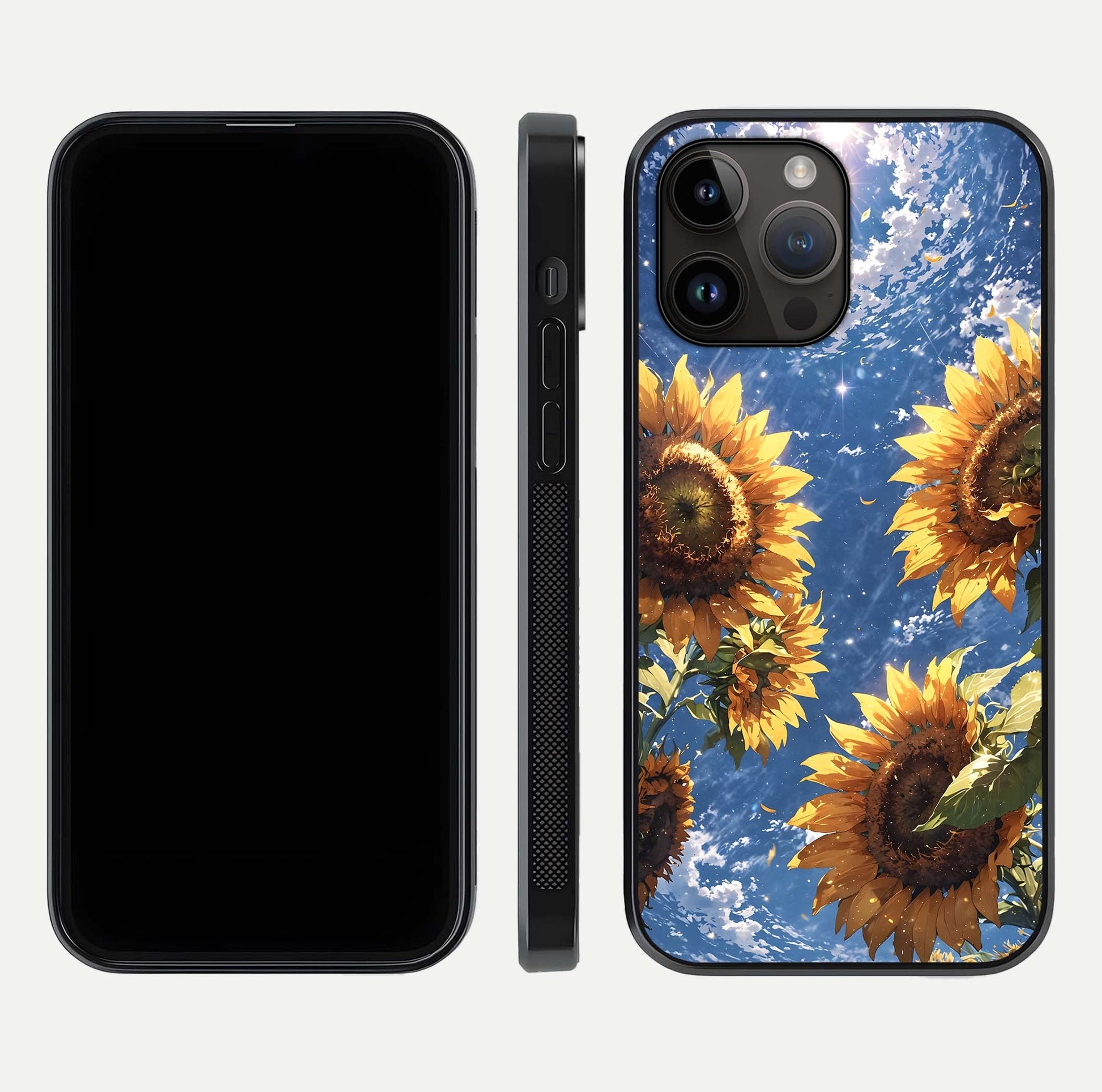 Heavenly Sunflower Rise Glass Case for iPhone 14 Pro Max front and back view layout highlighting golden floral tones and curved edges