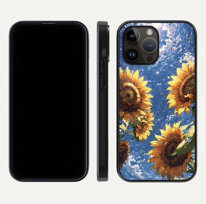 Heavenly Sunflower Rise Glass Case for iPhone 14 Pro Max front and back view layout highlighting golden floral tones and curved edges