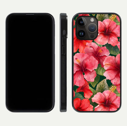 Hibiscus Pattern Glass Case for iPhone 14 Pro Max front and back view layout highlighting tropical design and curved glass edges
