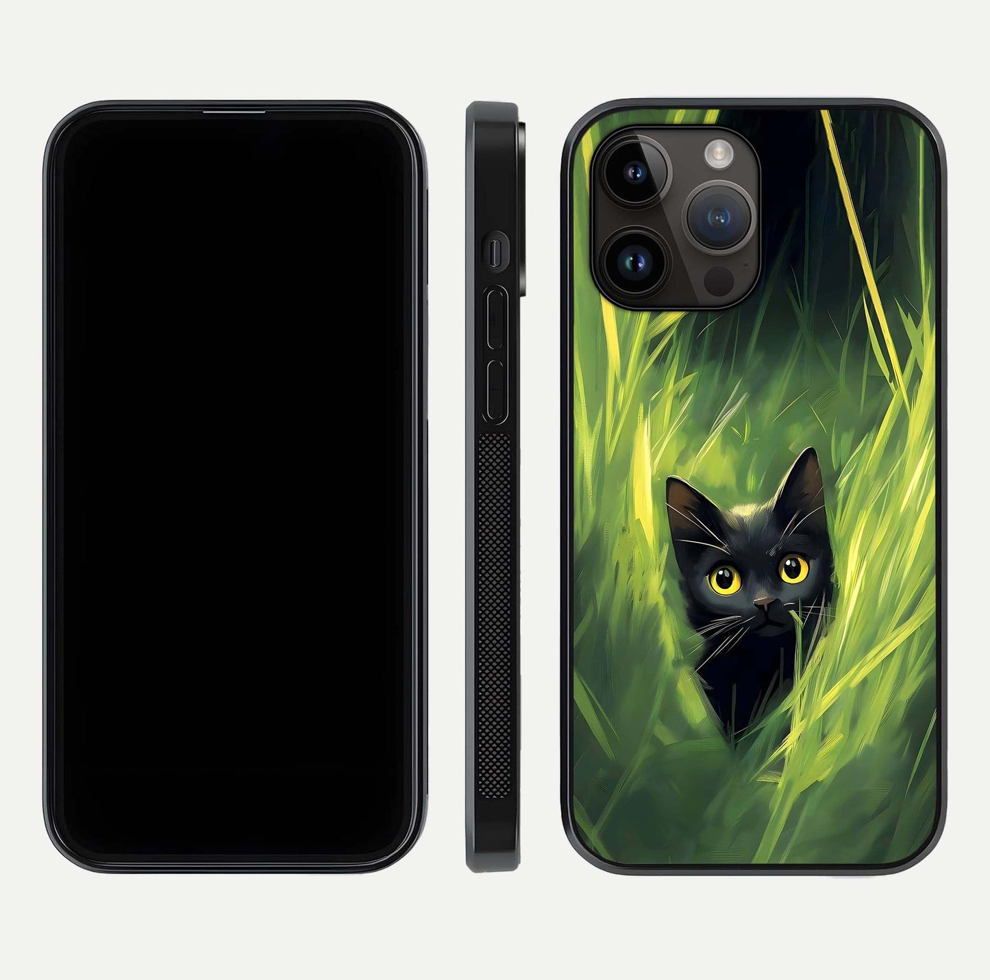 Hidden Cat Whisper Glass Case for iPhone 14 Pro Max front and back view layout highlighting minimalist art and curved edges