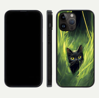 Hidden Cat Whisper Glass Case for iPhone 14 Pro Max front and back view layout highlighting minimalist art and curved edges