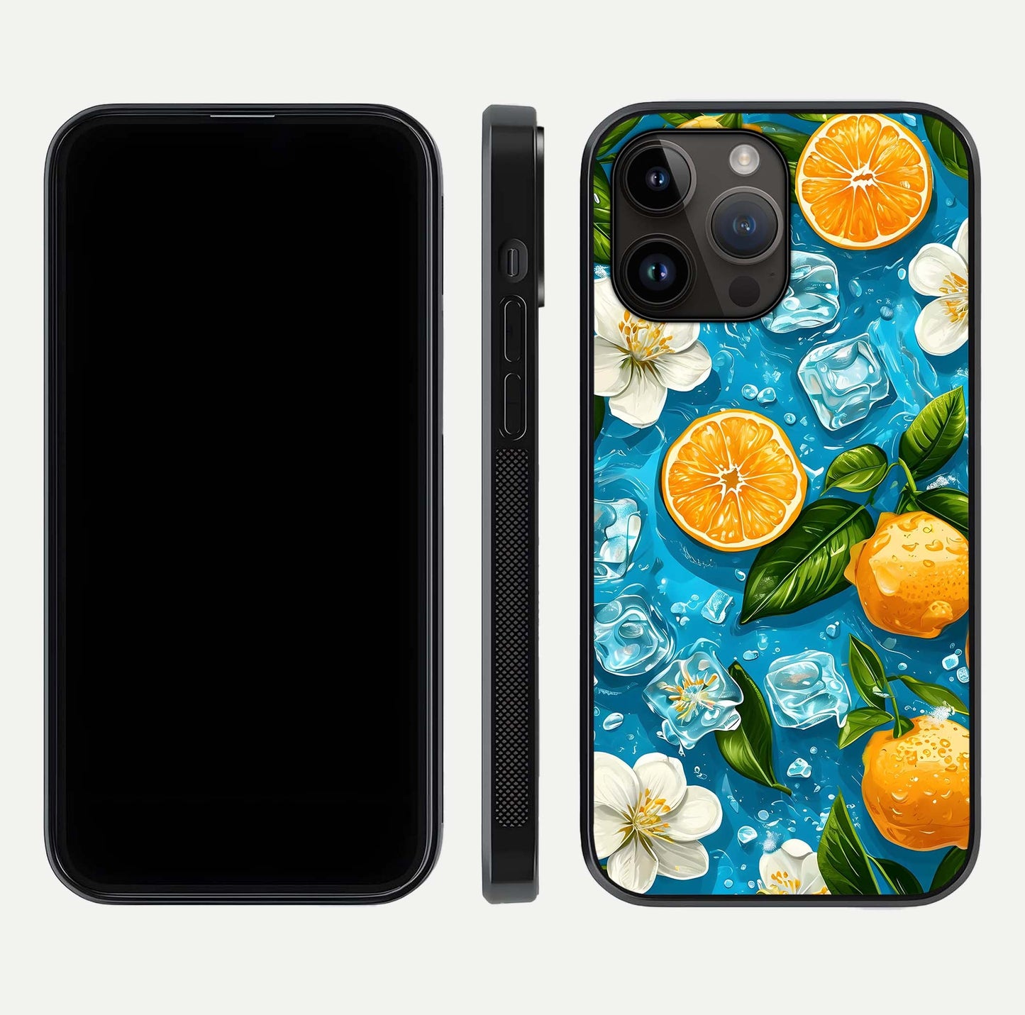 Ice Cube With Orange Glass Case for iPhone 14 Pro Max front and back view layout highlighting fresh orange tones and curved edges
