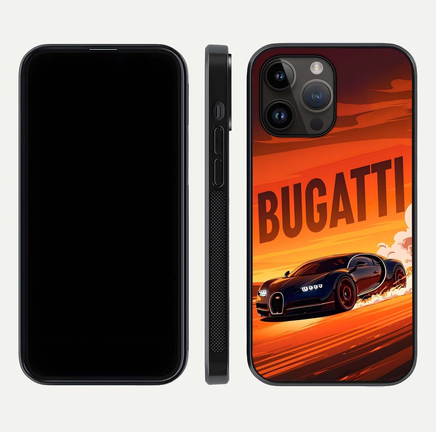 Inferno Bugatti Storm Glass Case for iPhone 14 Pro Max front and back view layout highlighting car silhouette and curved glass edge