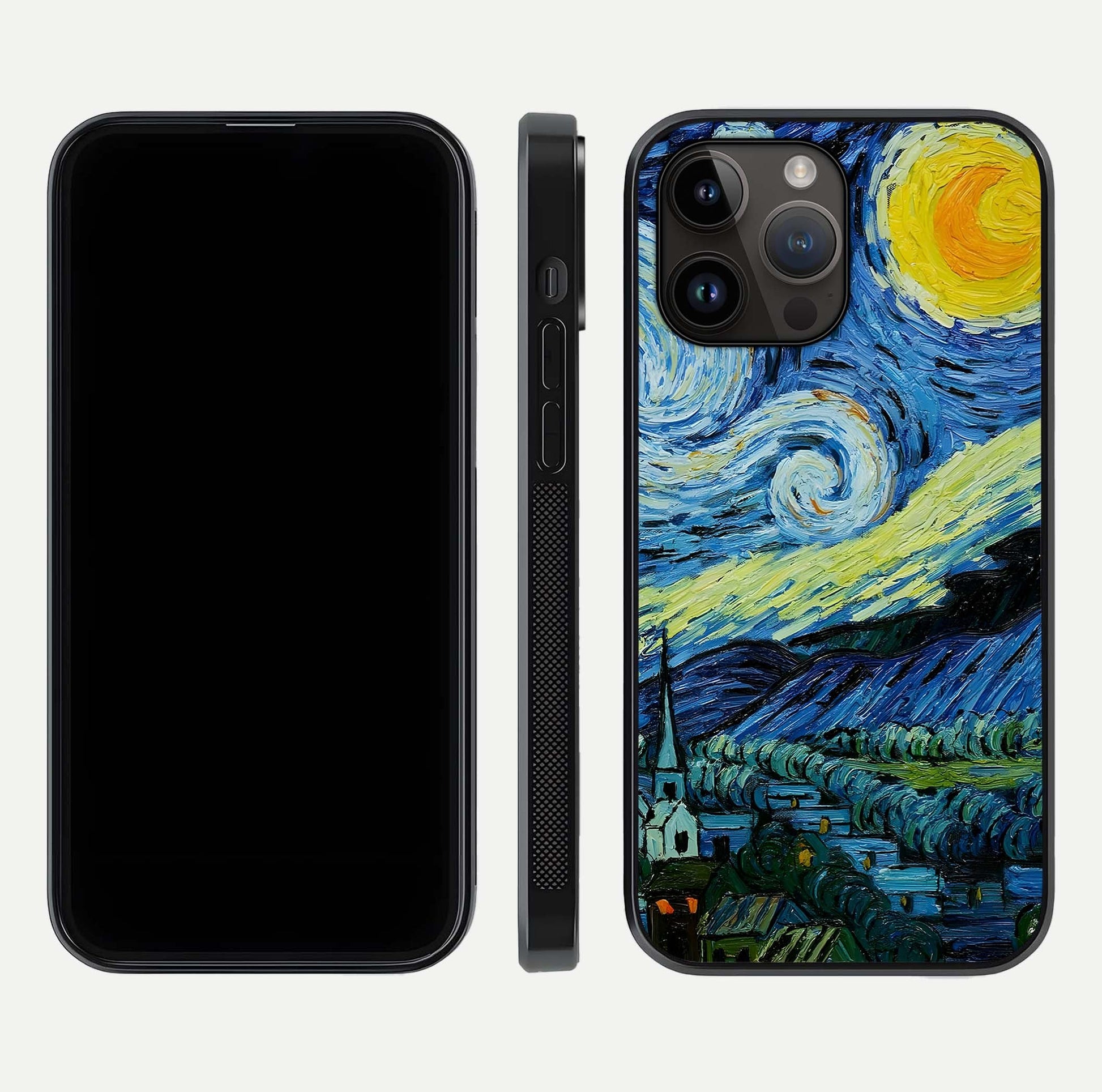 Inspired Van Gogh Art Glass Case for iPhone 14 Pro Max front and back view layout displaying vivid color tones and curved glass edges