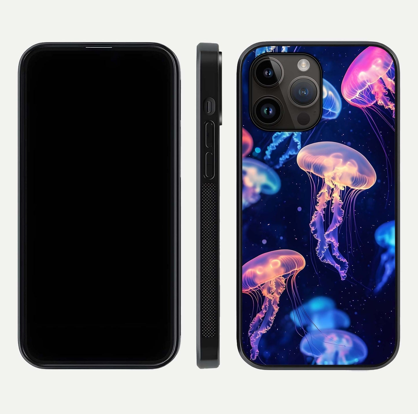Jellyfish Pattern Glass Case for iPhone 14 Pro Max front and back view layout highlighting aquatic tones and curved edges