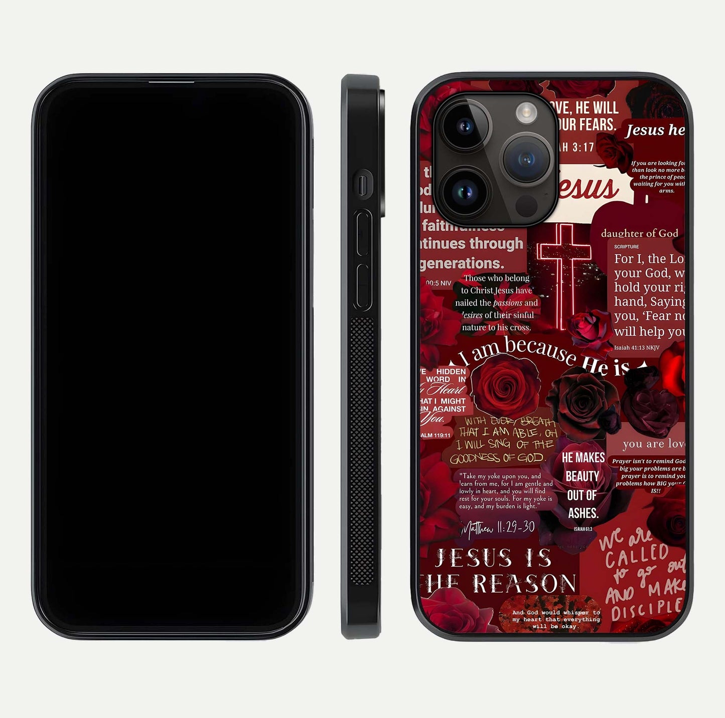 Jesus Love Heals Glass Case for iPhone 14 Pro Max front and back view layout with elegant typography and smooth edges
