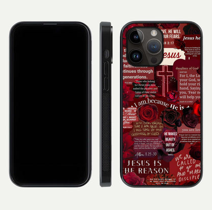Jesus Love Heals Glass Case for iPhone 14 Pro Max front and back view layout with elegant typography and smooth edges