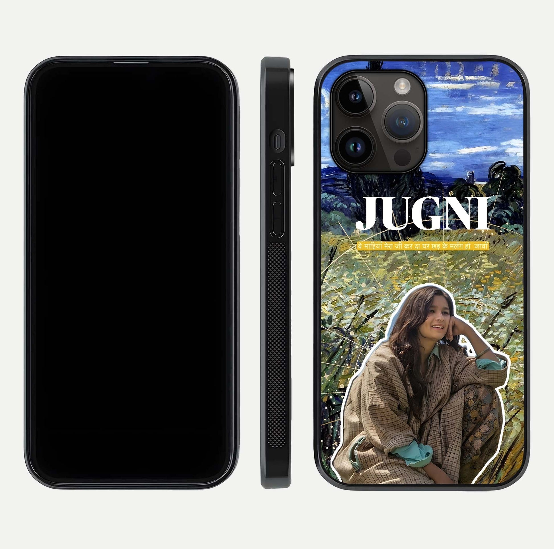 Jugni Soul Vibes Glass Case for iPhone 14 Pro Max front and back view layout highlighting desi art and curved glass edges