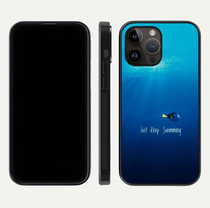 Just Keep Swimming Glass Case for iPhone 14 Pro Max front and back view layout with smooth glass edges and HD text clarity