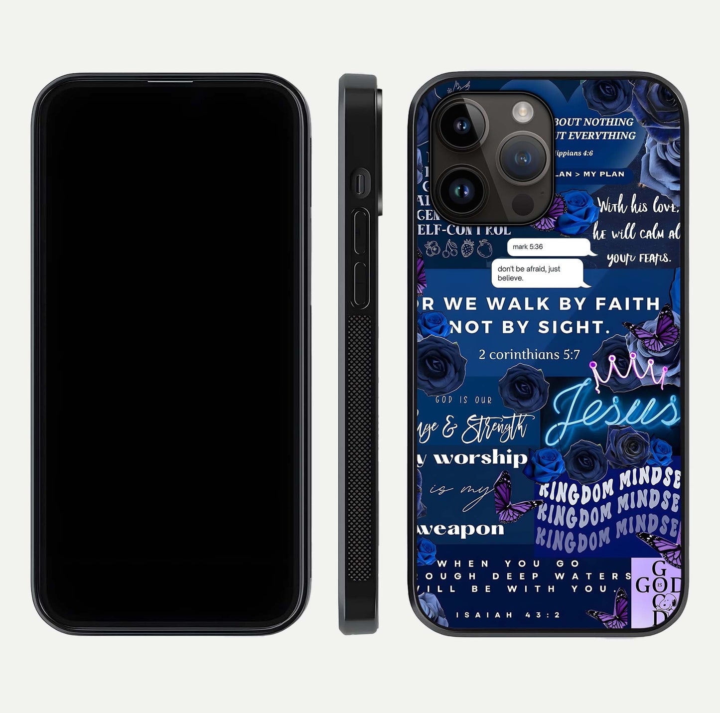 Kingdom Faith Glow Glass Case for iPhone 14 Pro Max front and back view layout highlighting radiant spiritual design